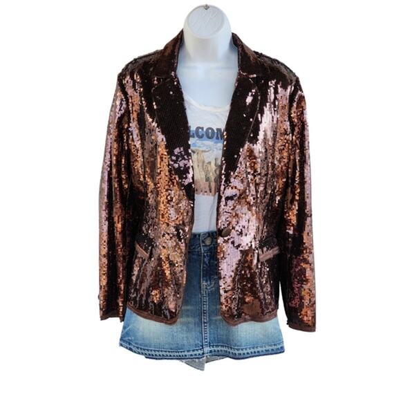 Chicos Brown Sequin Blazer sz Medium Chocolate Streetwear Glam Rock & Roll - Picture 2 of 7